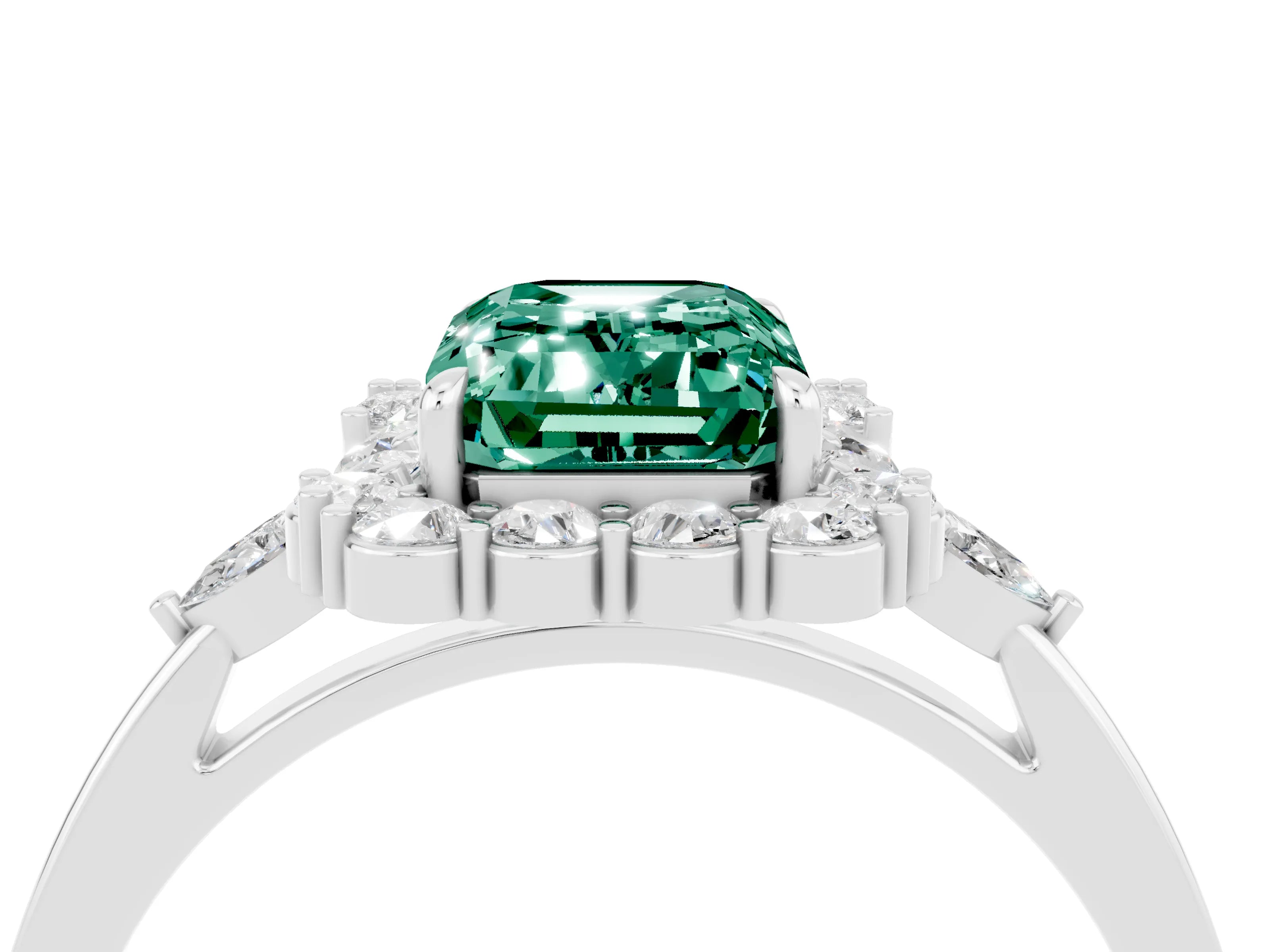 White gold Emerald Cut Green Sapphire Halo Ring with Pear Side Stones and Prong Setting_28