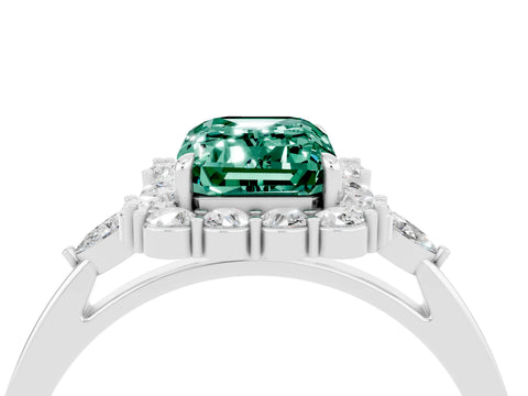 White gold Emerald Cut Green Sapphire Halo Ring with Pear Side Stones and Prong Setting_28