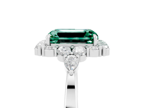 White gold Emerald Cut Green Sapphire Halo Ring with Pear Side Stones and Prong Setting_29