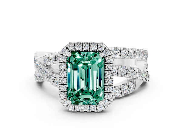 Platinum Emerald Cut Green Sapphire Halo Ring with Round Split Shank and Prong Setting