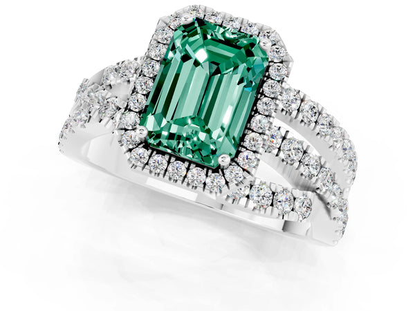 Silver Emerald Cut Green Sapphire Halo Ring with Round Split Shank and Prong Setting