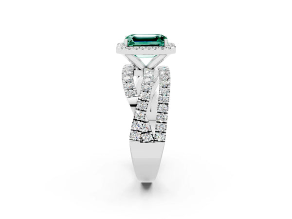 Silver Emerald Cut Green Sapphire Halo Ring with Round Split Shank and Prong Setting