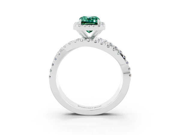 Silver Emerald Cut Green Sapphire Halo Ring with Round Split Shank and Prong Setting