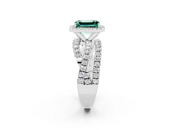 Platinum Emerald Cut Green Sapphire Halo Ring with Round Split Shank and Prong Setting