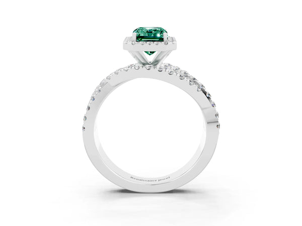 Platinum Emerald Cut Green Sapphire Halo Ring with Round Split Shank and Prong Setting