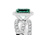 White gold Emerald Cut Green Sapphire Halo Ring with Round Split Shank and Prong Setting_65