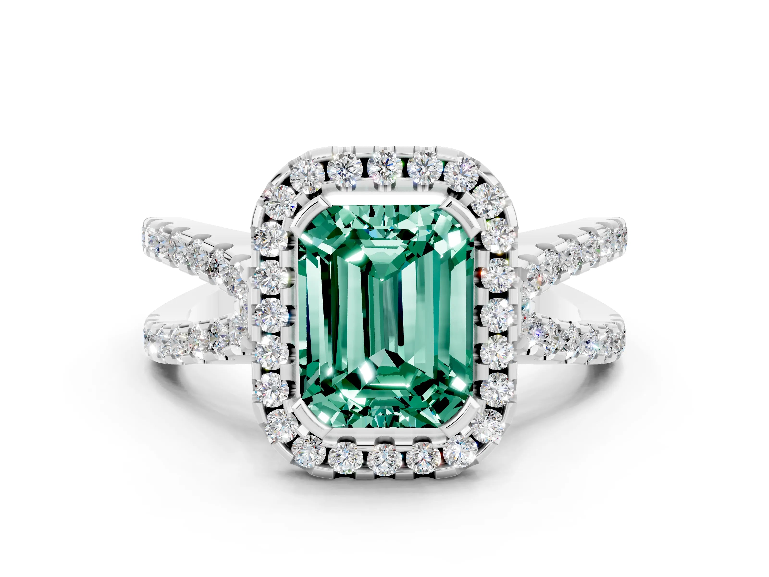 White gold Emerald Cut Green Sapphire Halo Ring with Split Shank Pavé Band and Prong Setting