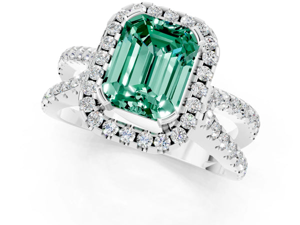 White gold Emerald Cut Green Sapphire Halo Ring with Split Shank Pavé Band and Prong Setting