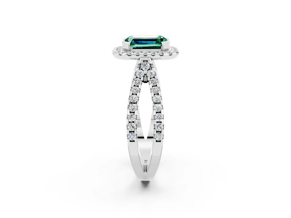 Silver Emerald Cut Green Sapphire Halo Ring with Split Shank Pavé Band and Prong Setting