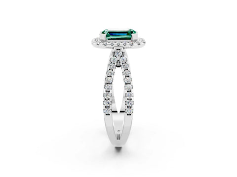 White gold Emerald Cut Green Sapphire Halo Ring with Split Shank Pavé Band and Prong Setting_2
