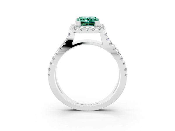 White gold Emerald Cut Green Sapphire Halo Ring with Split Shank Pavé Band and Prong Setting