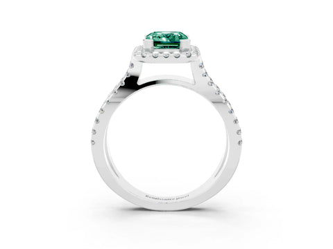 White gold Emerald Cut Green Sapphire Halo Ring with Split Shank Pavé Band and Prong Setting_3