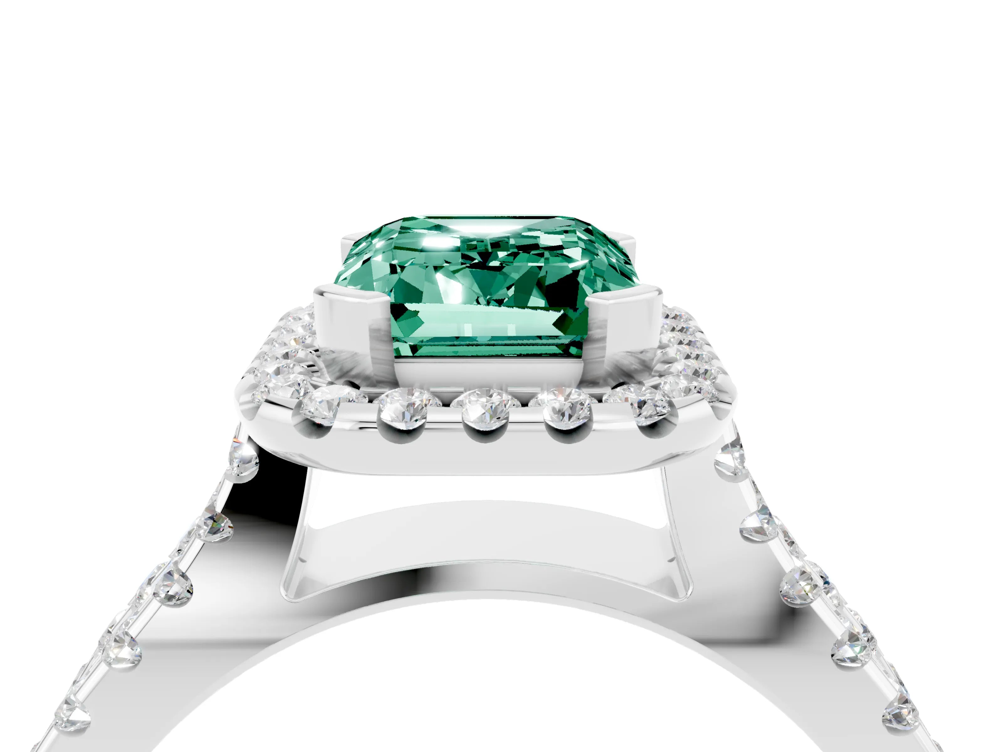 White gold Emerald Cut Green Sapphire Halo Ring with Split Shank Pavé Band and Prong Setting_4