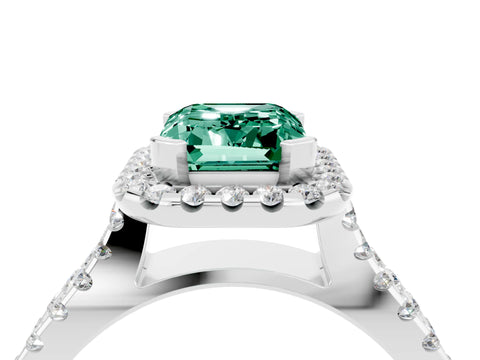 White gold Emerald Cut Green Sapphire Halo Ring with Split Shank Pavé Band and Prong Setting_4