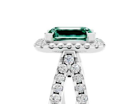 White gold Emerald Cut Green Sapphire Halo Ring with Split Shank Pavé Band and Prong Setting_5