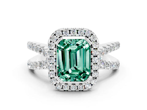 White gold Emerald Cut Green Sapphire Halo Ring with Split Shank Pavé Band and Prong Setting