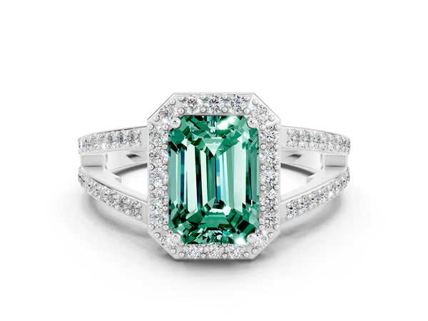 Platinum Emerald Cut Green Sapphire Halo Ring with Split Shank U-Prong Band and Four-Prong Setting