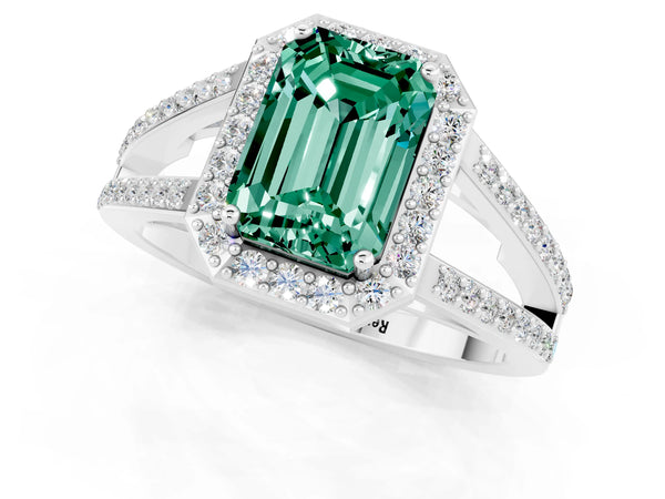 Platinum Emerald Cut Green Sapphire Halo Ring with Split Shank U-Prong Band and Four-Prong Setting