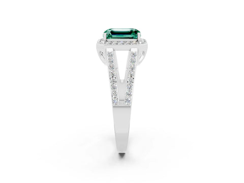 White gold Emerald Cut Green Sapphire Halo Ring with Split Shank U-Prong Band and Four-Prong Setting_2