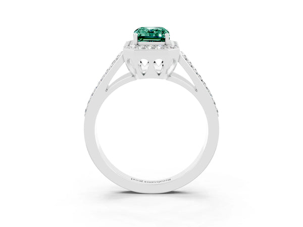 Platinum Emerald Cut Green Sapphire Halo Ring with Split Shank U-Prong Band and Four-Prong Setting