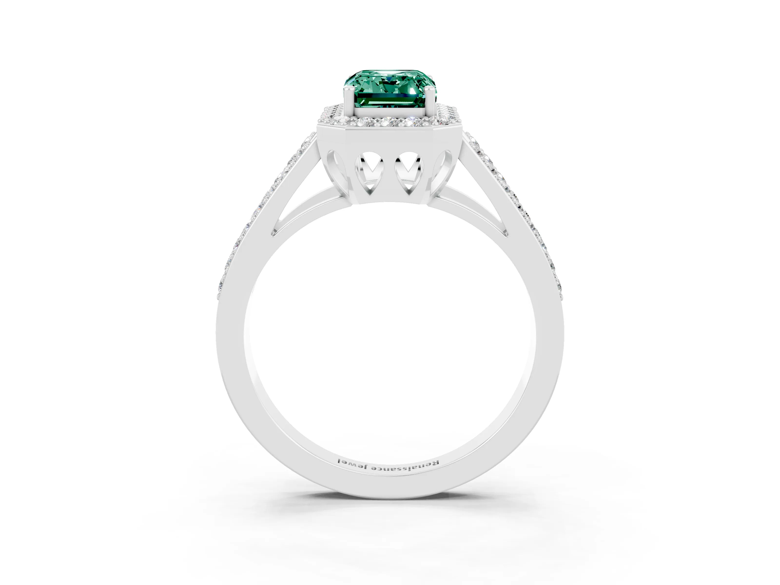 White gold Emerald Cut Green Sapphire Halo Ring with Split Shank U-Prong Band and Four-Prong Setting_3