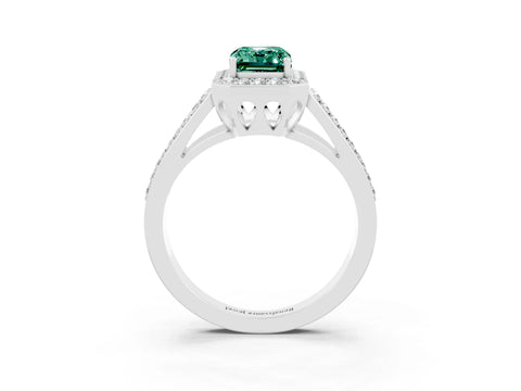 White gold Emerald Cut Green Sapphire Halo Ring with Split Shank U-Prong Band and Four-Prong Setting_3
