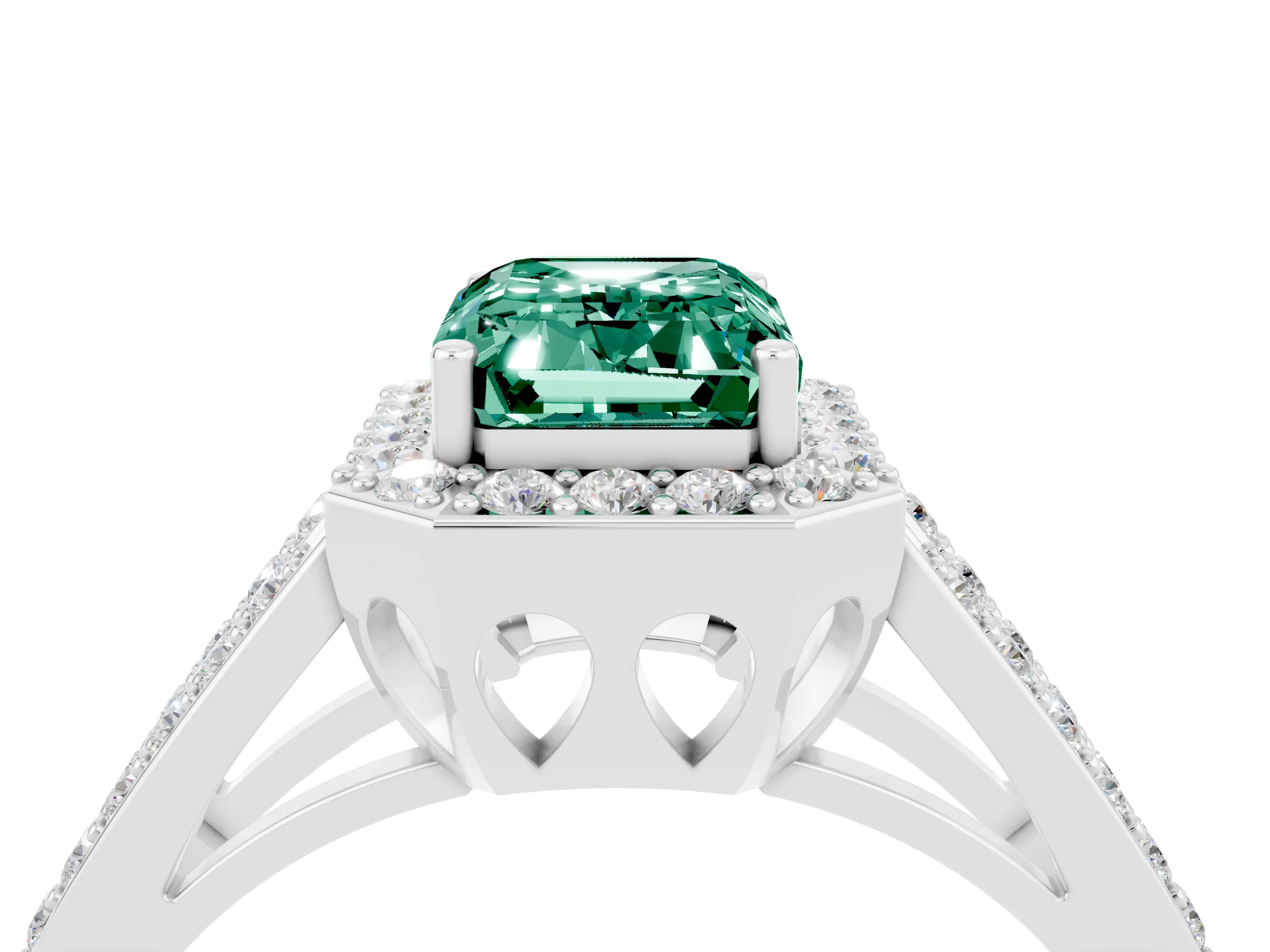 White gold Emerald Cut Green Sapphire Halo Ring with Split Shank U-Prong Band and Four-Prong Setting_4