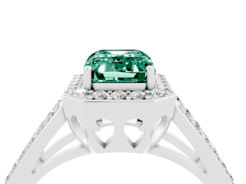 White gold Emerald Cut Green Sapphire Halo Ring with Split Shank U-Prong Band and Four-Prong Setting_4