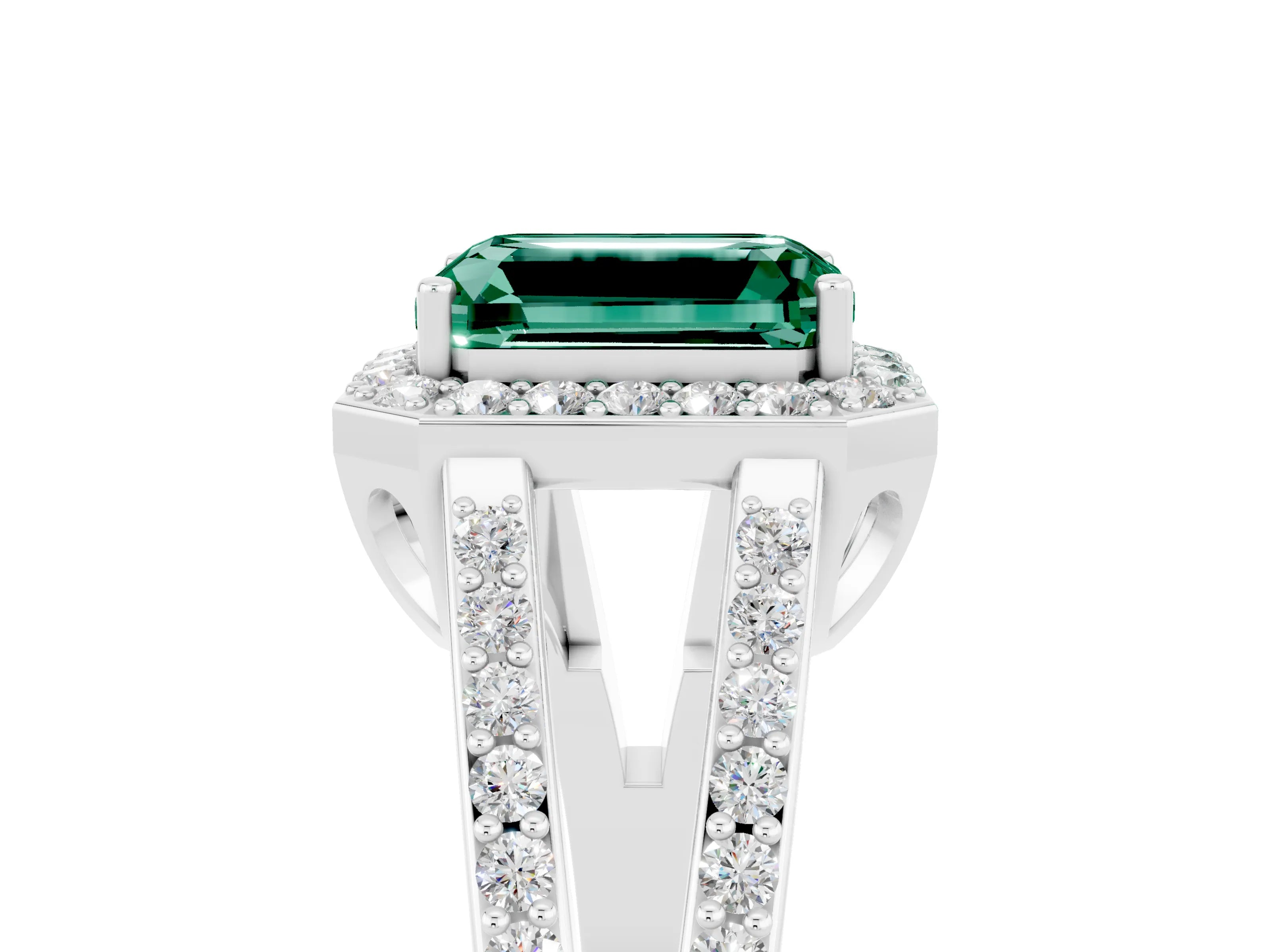 White gold Emerald Cut Green Sapphire Halo Ring with Split Shank U-Prong Band and Four-Prong Setting_5
