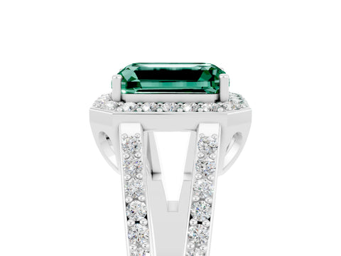 White gold Emerald Cut Green Sapphire Halo Ring with Split Shank U-Prong Band and Four-Prong Setting_5