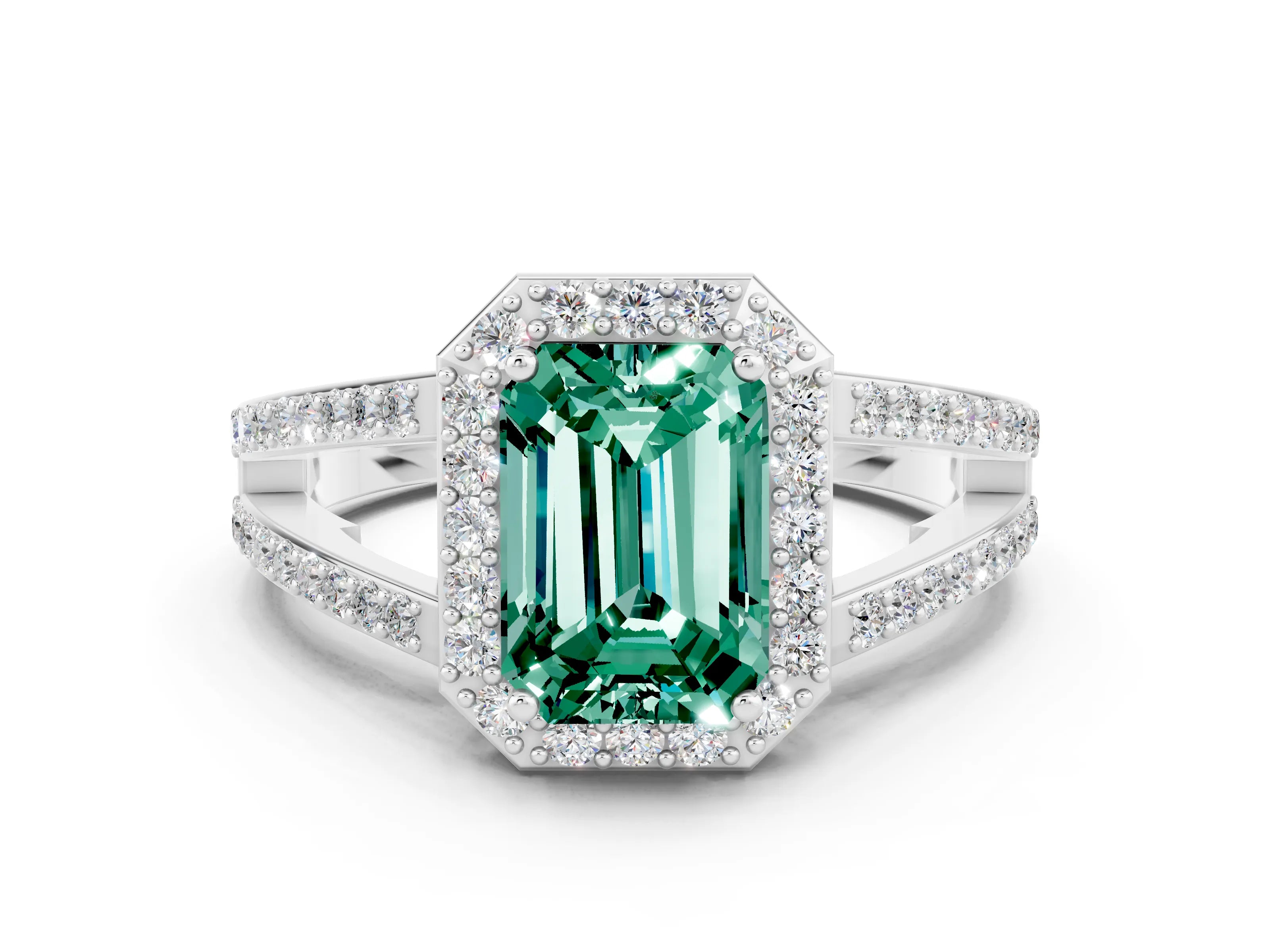 White gold Emerald Cut Green Sapphire Halo Ring with Split Shank U-Prong Band and Four-Prong Setting