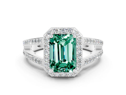 White gold Emerald Cut Green Sapphire Halo Ring with Split Shank U-Prong Band and Four-Prong Setting