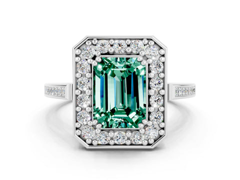 White gold Emerald Cut Green Sapphire Halo Ring with Split Shank and Four-Prong Setting_12