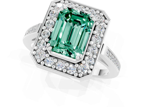 White gold Emerald Cut Green Sapphire Halo Ring with Split Shank and Four-Prong Setting_13