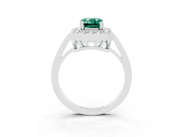 White gold Emerald Cut Green Sapphire Halo Ring with Split Shank and Four-Prong Setting