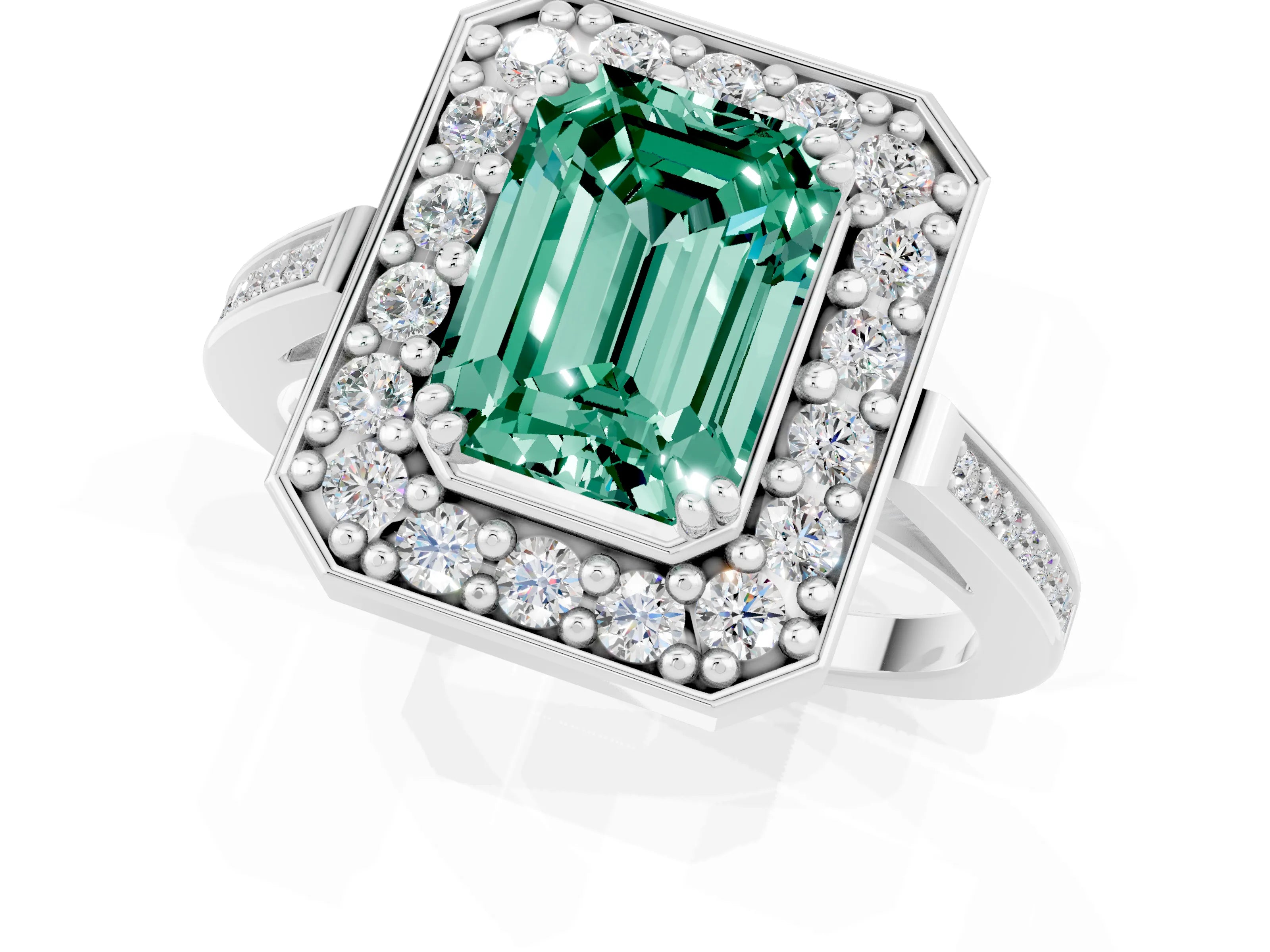 White gold Emerald Cut Green Sapphire Halo Ring with Split Shank and Four-Prong Setting_1