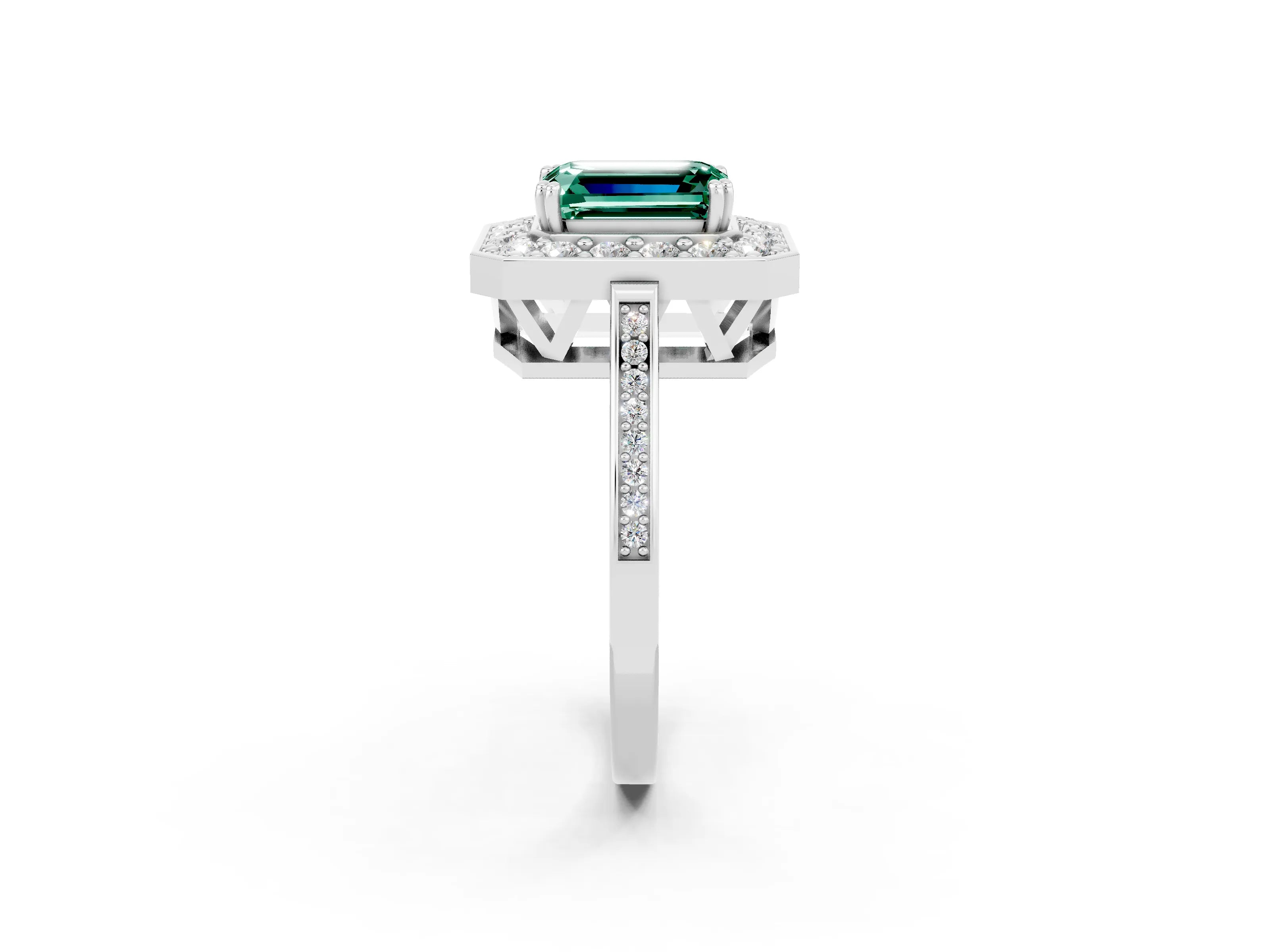 White gold Emerald Cut Green Sapphire Halo Ring with Split Shank and Four-Prong Setting_2