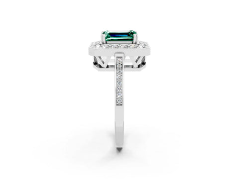 White gold Emerald Cut Green Sapphire Halo Ring with Split Shank and Four-Prong Setting_2