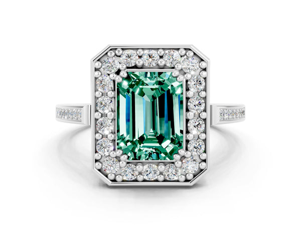 Silver Emerald Cut Green Sapphire Halo Ring with Split Shank and Four-Prong Setting