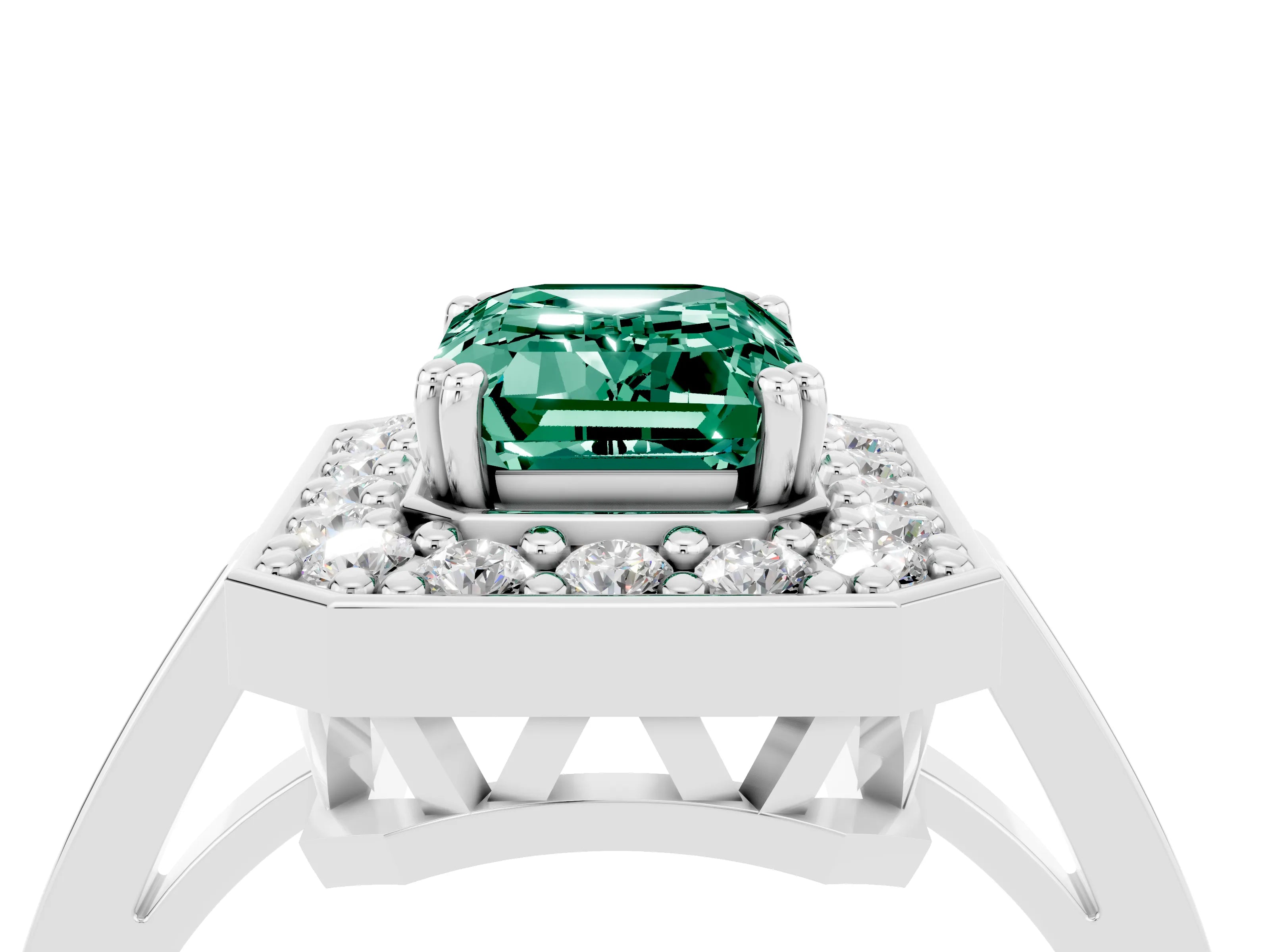 White gold Emerald Cut Green Sapphire Halo Ring with Split Shank and Four-Prong Setting_4