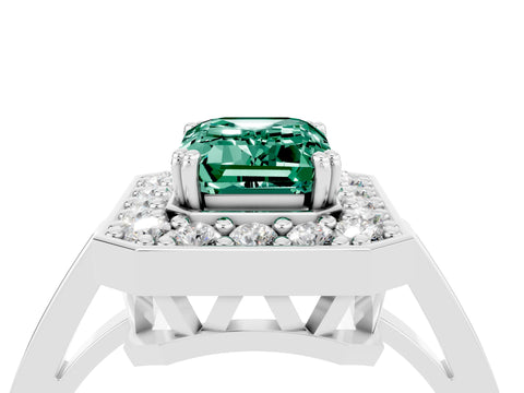 White gold Emerald Cut Green Sapphire Halo Ring with Split Shank and Four-Prong Setting_4