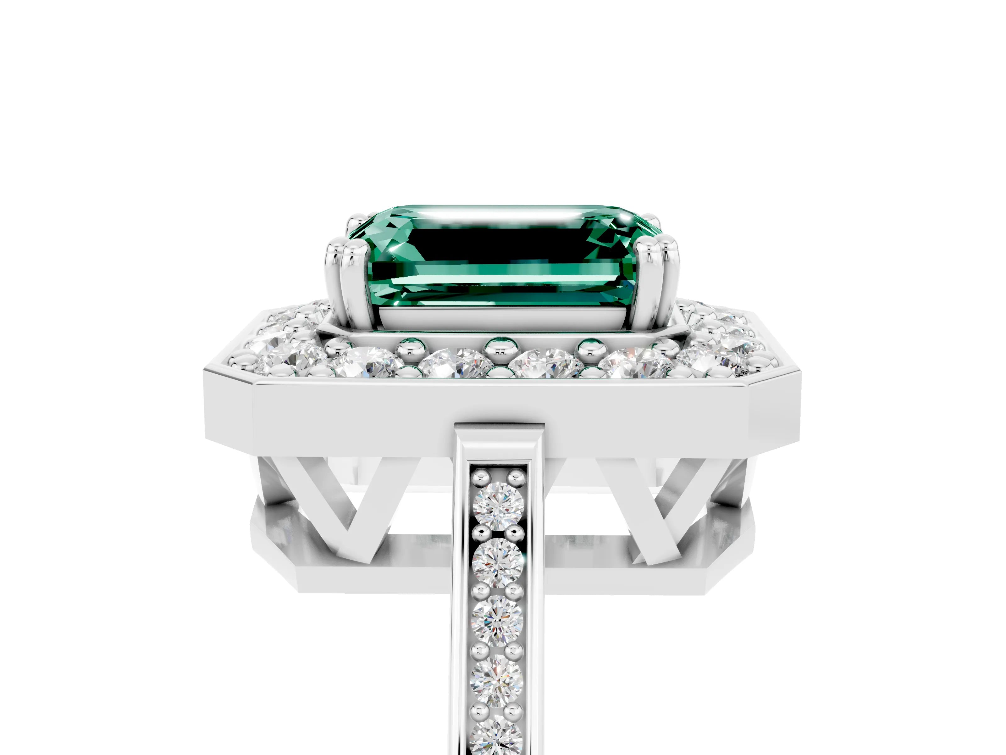 White gold Emerald Cut Green Sapphire Halo Ring with Split Shank and Four-Prong Setting_5