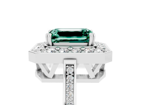 White gold Emerald Cut Green Sapphire Halo Ring with Split Shank and Four-Prong Setting_5