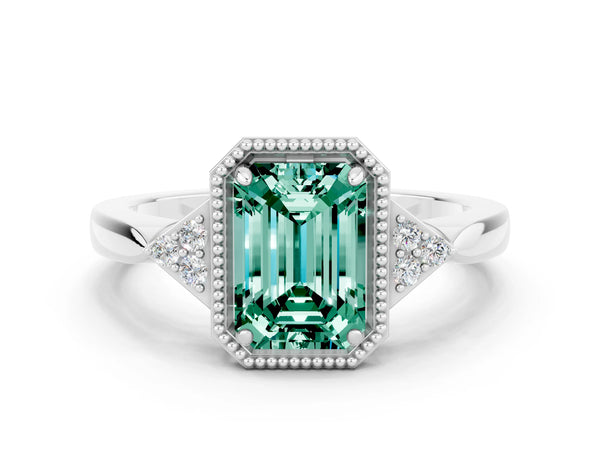 Platinum Emerald Cut Green Sapphire Halo Ring with Tapered Band and Four-Prong Setting