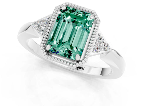 White gold Emerald Cut Green Sapphire Halo Ring with Tapered Band and Four-Prong Setting_1