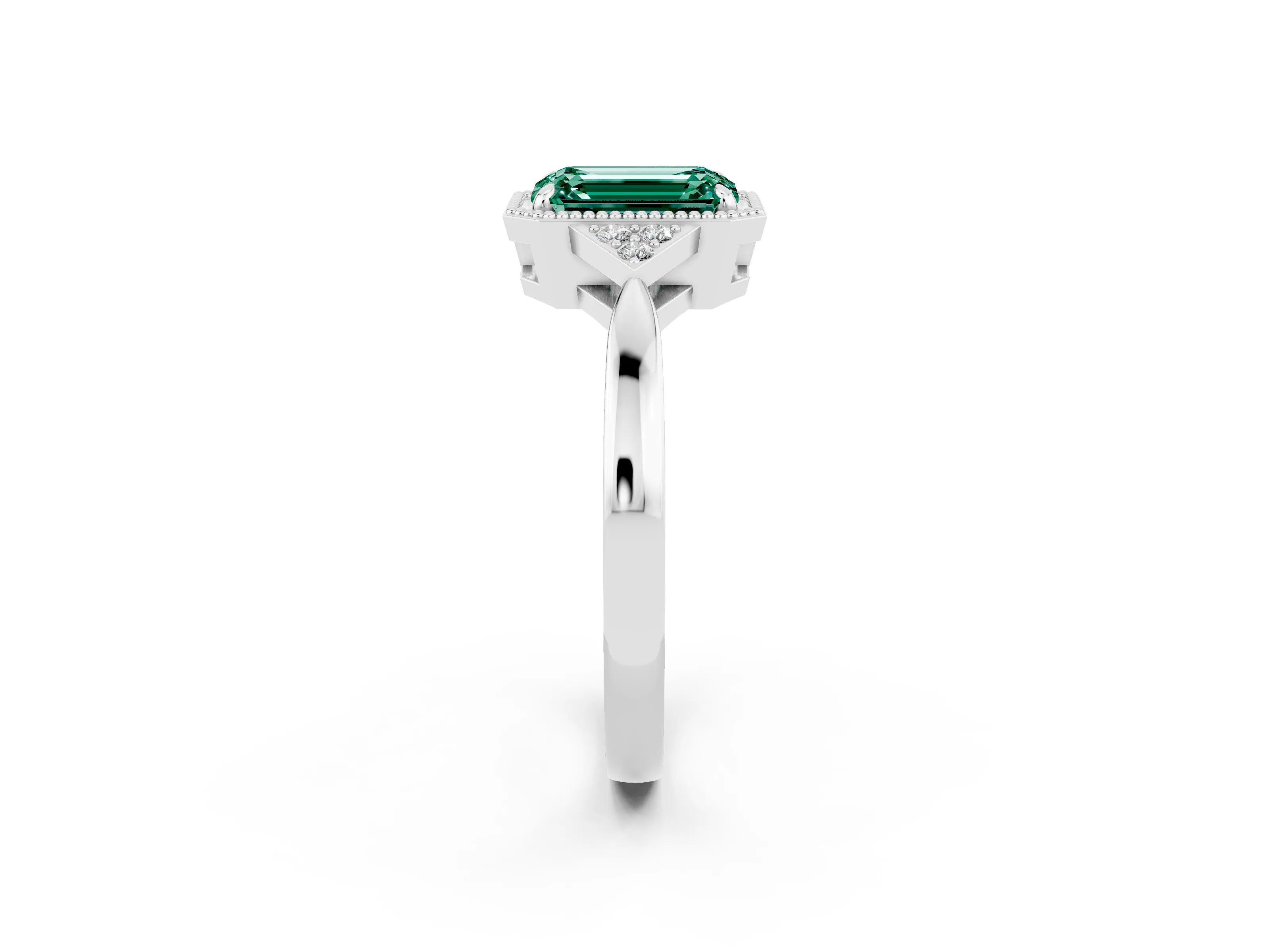 White gold Emerald Cut Green Sapphire Halo Ring with Tapered Band and Four-Prong Setting_2