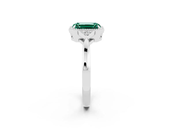 Silver Emerald Cut Green Sapphire Halo Ring with Tapered Band and Four-Prong Setting