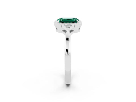 White gold Emerald Cut Green Sapphire Halo Ring with Tapered Band and Four-Prong Setting_2