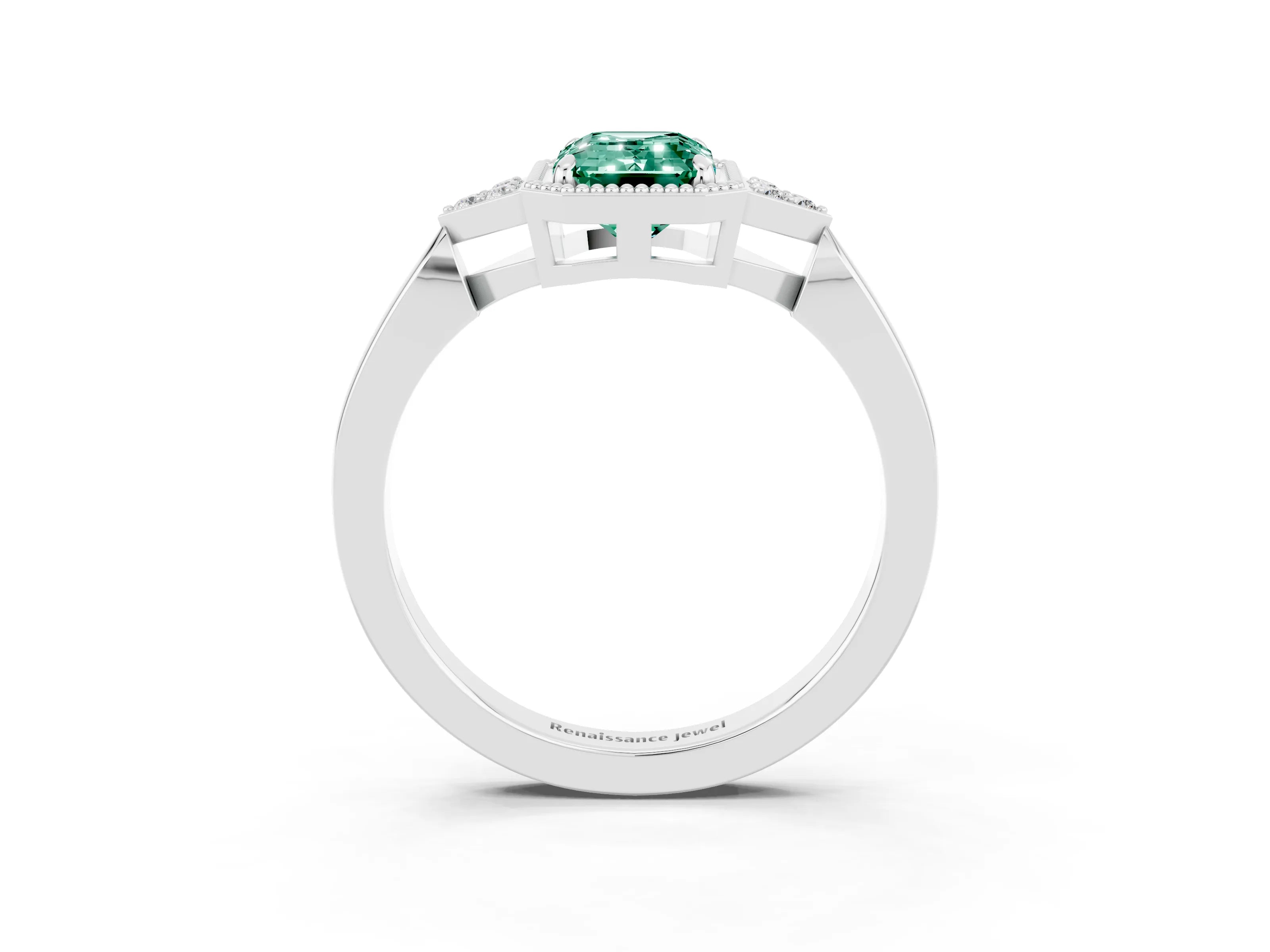 White gold Emerald Cut Green Sapphire Halo Ring with Tapered Band and Four-Prong Setting_3