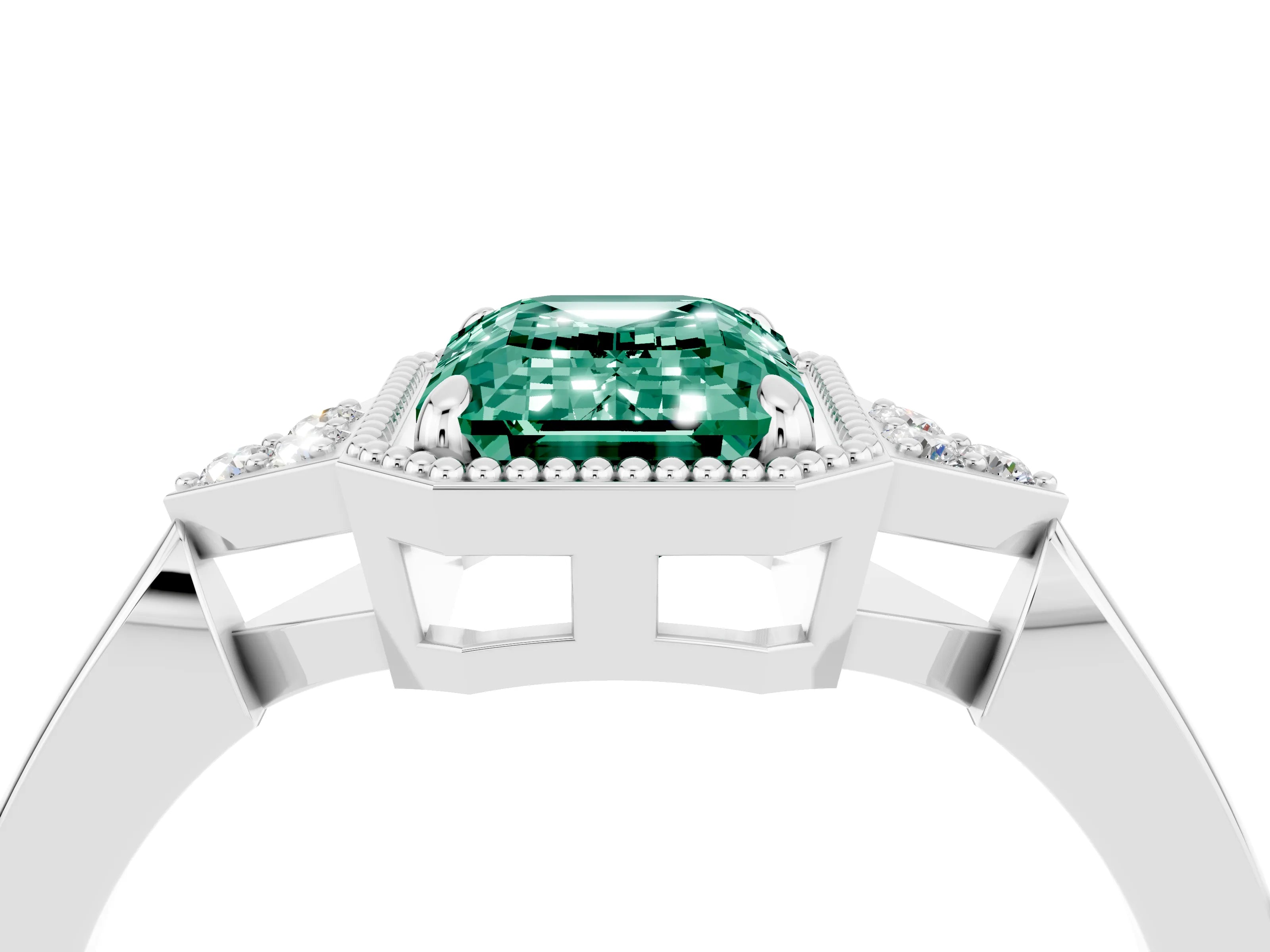 White gold Emerald Cut Green Sapphire Halo Ring with Tapered Band and Four-Prong Setting_4
